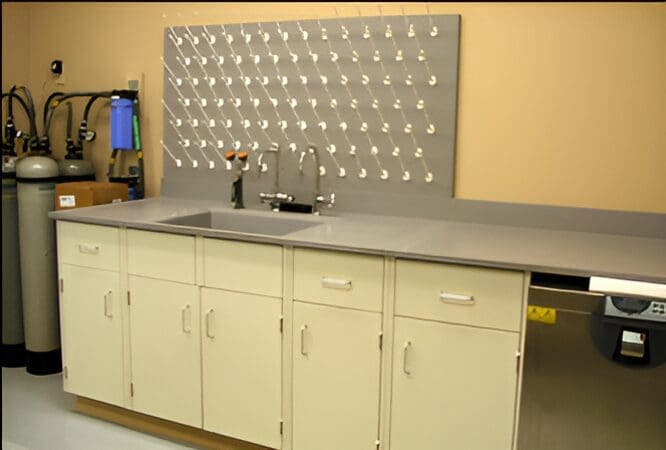 Lab sink with cabinets and gas tanks.